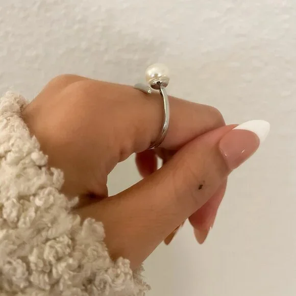 925 Sterling Silver Pearl Ring Bar Ring Minimalist Dainty Ring Pearl Accent Ring - Picture 6 of 8